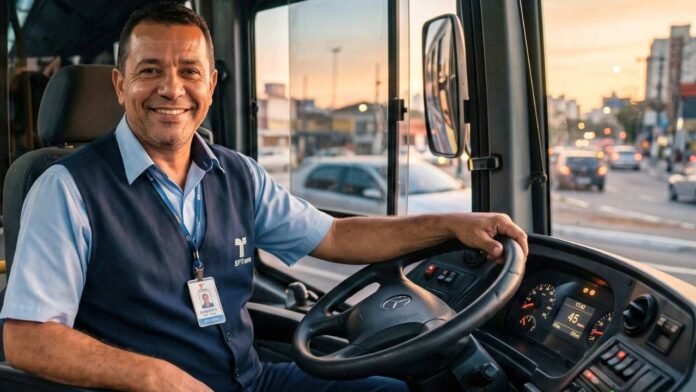 Motorista no volante de um ônibus urbano
